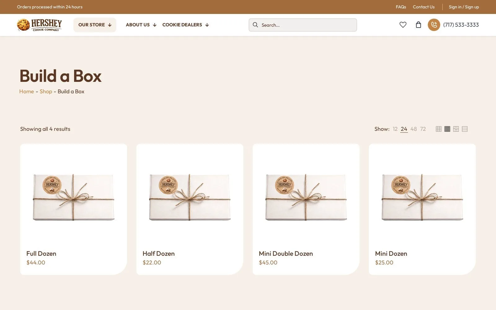 The real box builder in action: pick a size, choose your cookies, checkout.